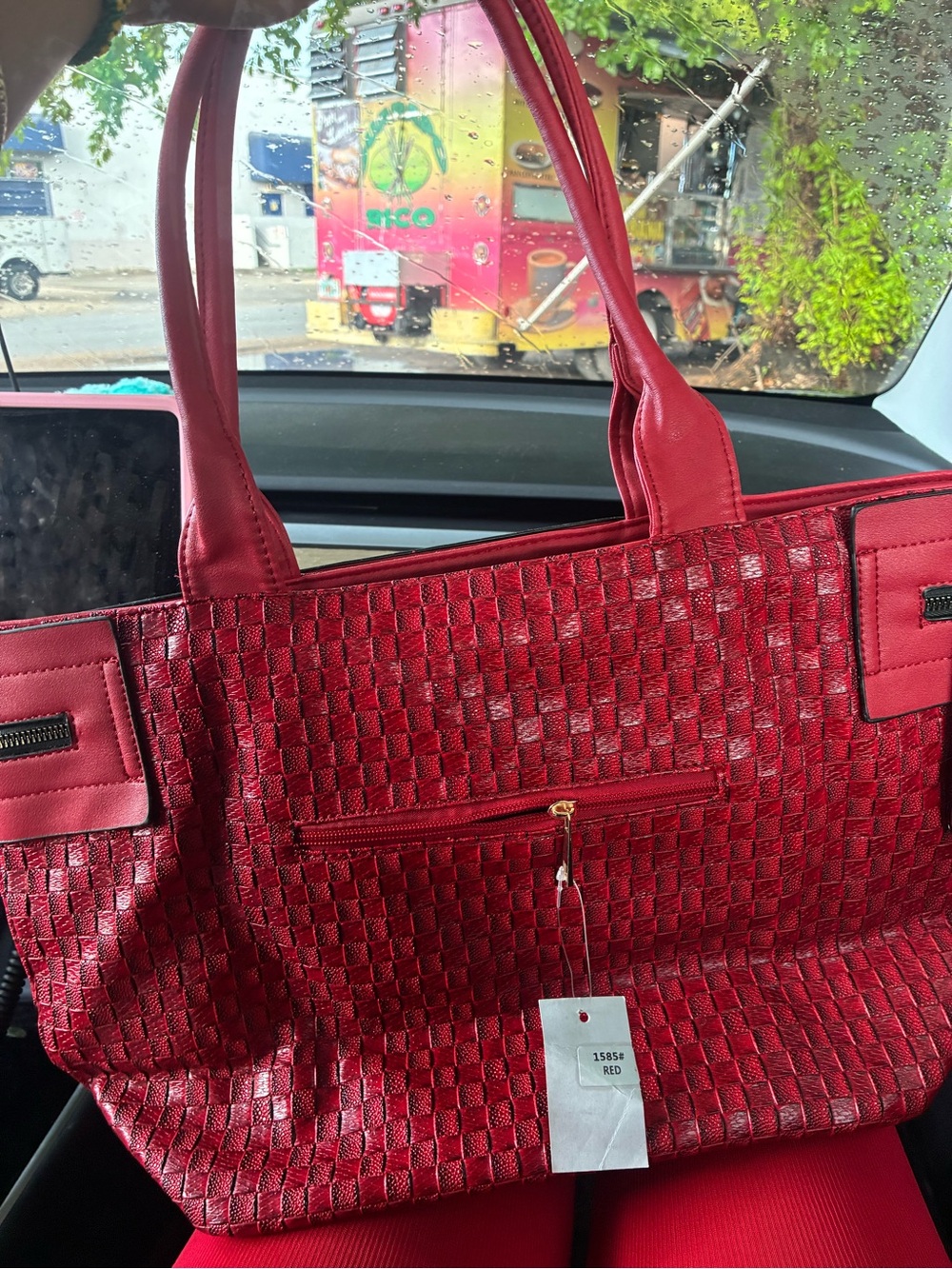 Others Follow Red Woven Tote Bag with Dual Handles